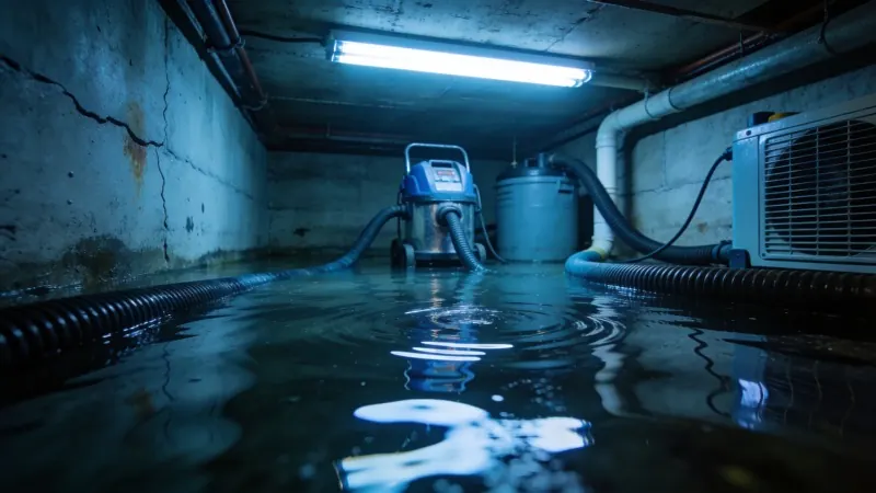 Flooded basement with standing water being pumped out by professional restoration crew