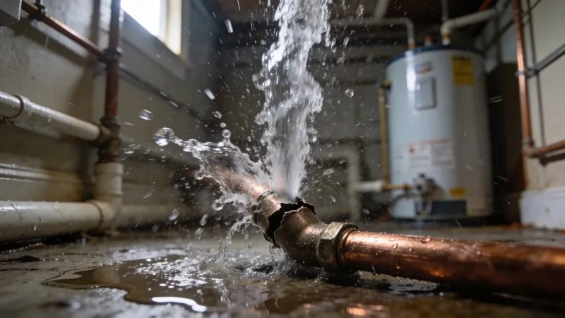 Burst pipe causing water damage to interior wall with professional repair in progress