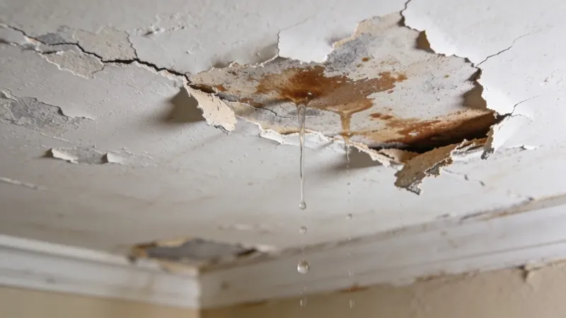 Water stained ceiling with active leak being assessed by restoration professional