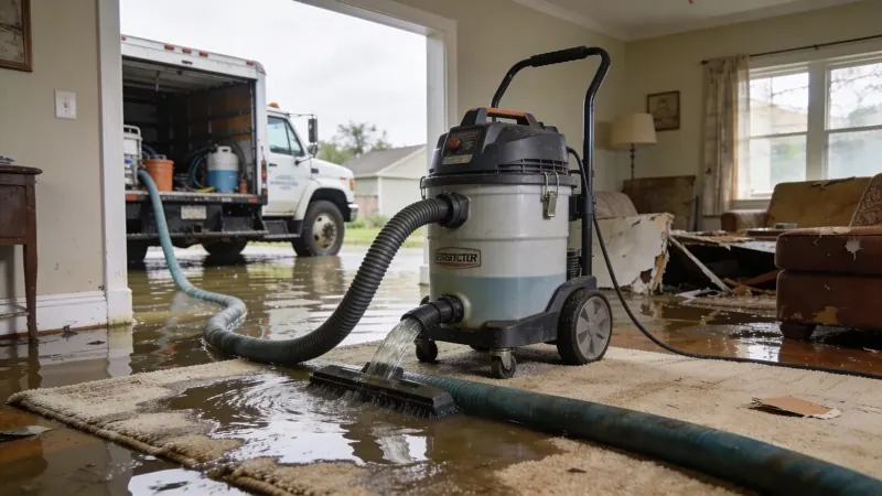 Emergency water extraction team using truck-mounted equipment to remove standing water from home