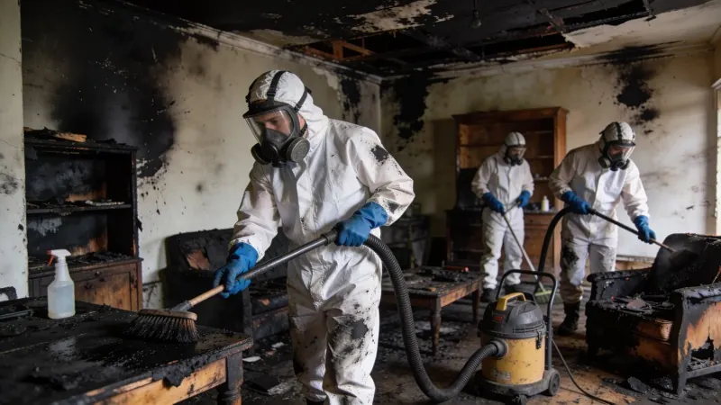 Fire and smoke damaged room undergoing professional restoration and cleanup