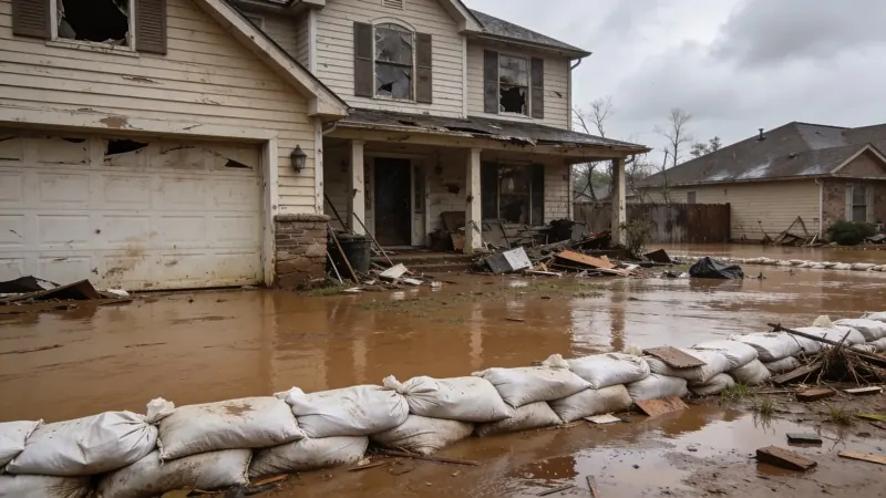 Flood damaged home interior with professional restoration equipment and industrial drying fans