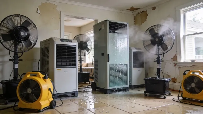 Industrial air movers and dehumidifiers drying a water damaged home interior
