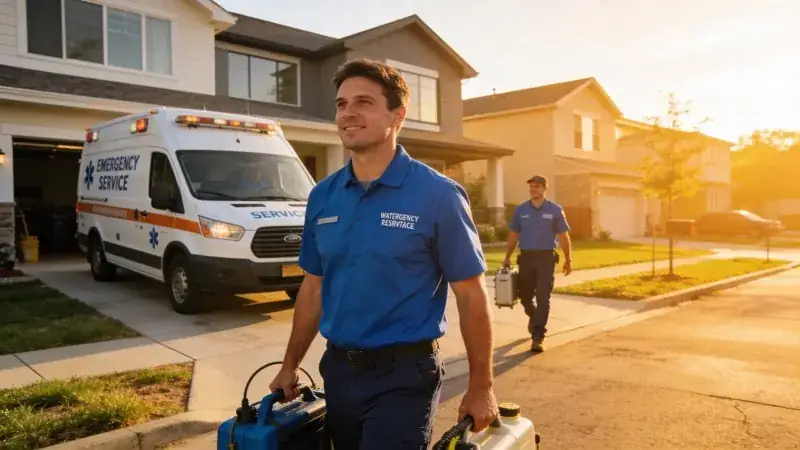 Professional water damage restoration team extracting flood water from residential property