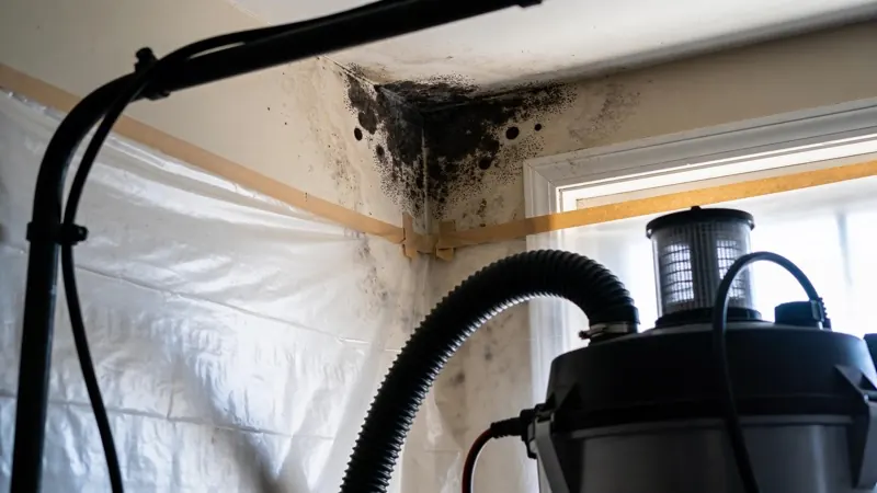 Professional mold remediation specialist removing mold growth from water damaged walls