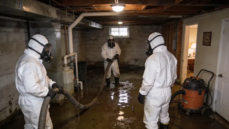 Professional hazmat crew performing sewage backup cleanup in residential property