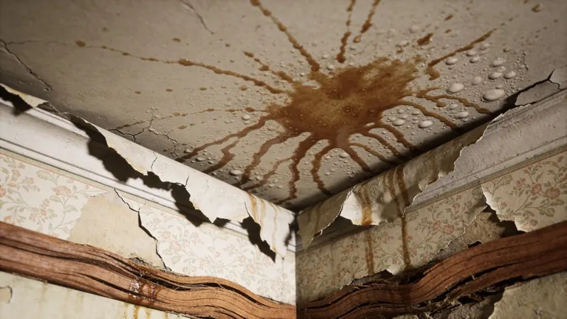 Early signs of water damage including wall discoloration and peeling paint in home