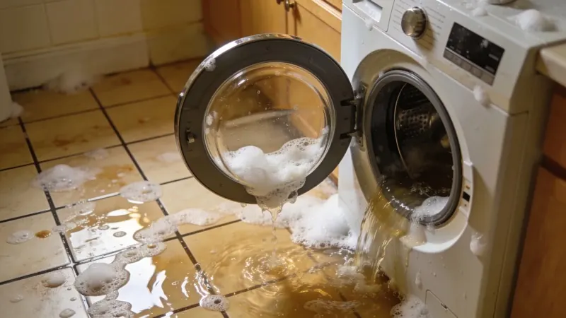 Washing machine overflow flooding laundry room floor with water extraction in progress
