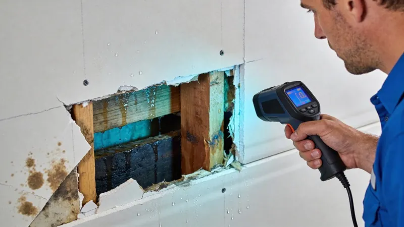 Infrared thermal imaging revealing hidden water damage behind drywall