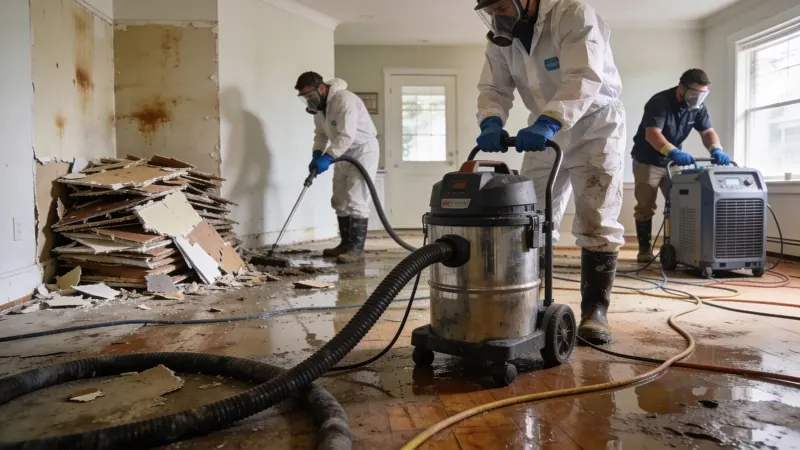 Professional water damage cleanup crew removing damaged materials and sanitizing affected areas