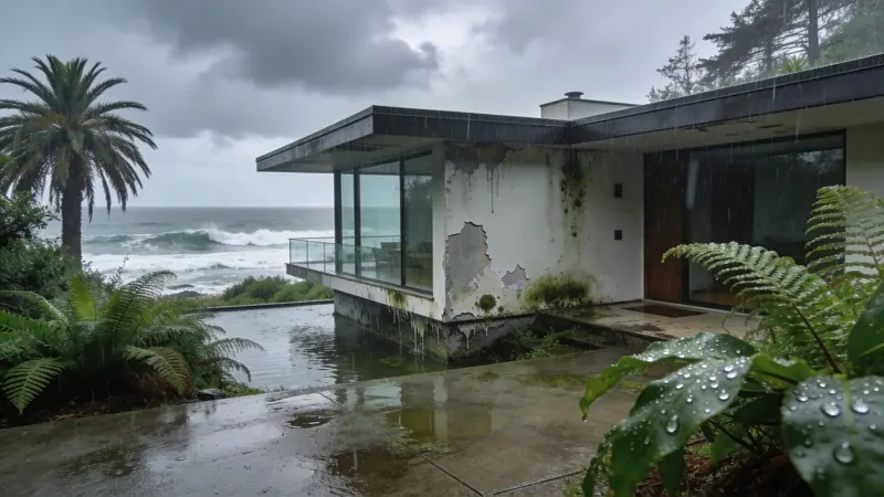 West coast property with storm water damage and professional restoration crew on site