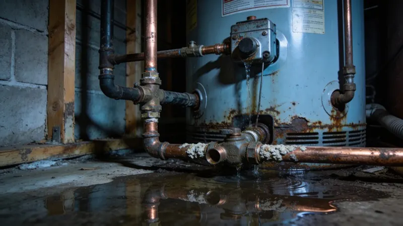 Leaking water heater causing floor damage with professional cleanup and replacement